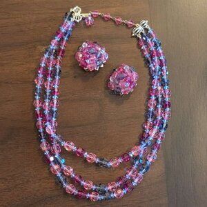 Vintage Marvella jewelry set, pink and purple beaded 3-strand necklace, earrings